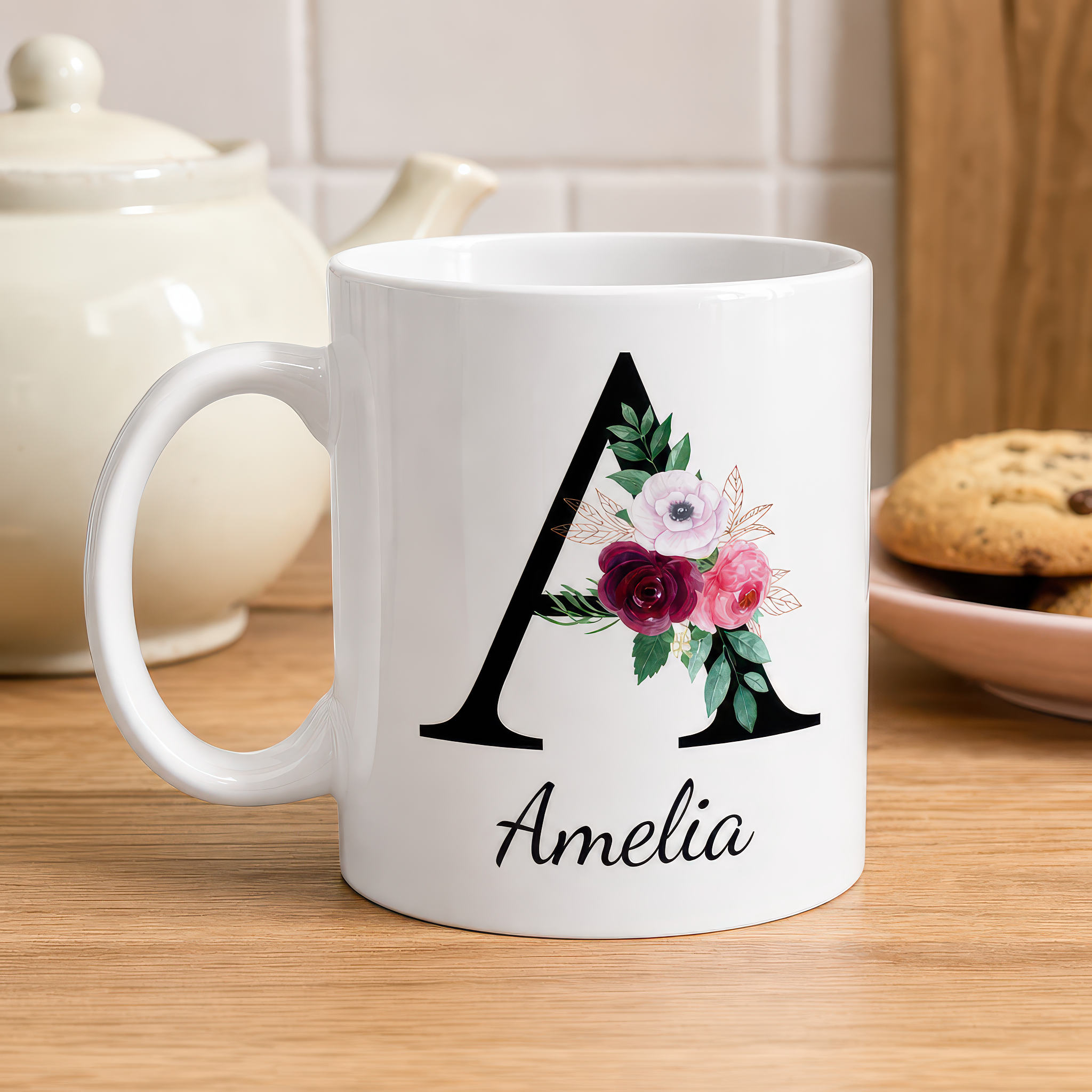Personalised Black Floral Initial and Name Mug - alternative view
