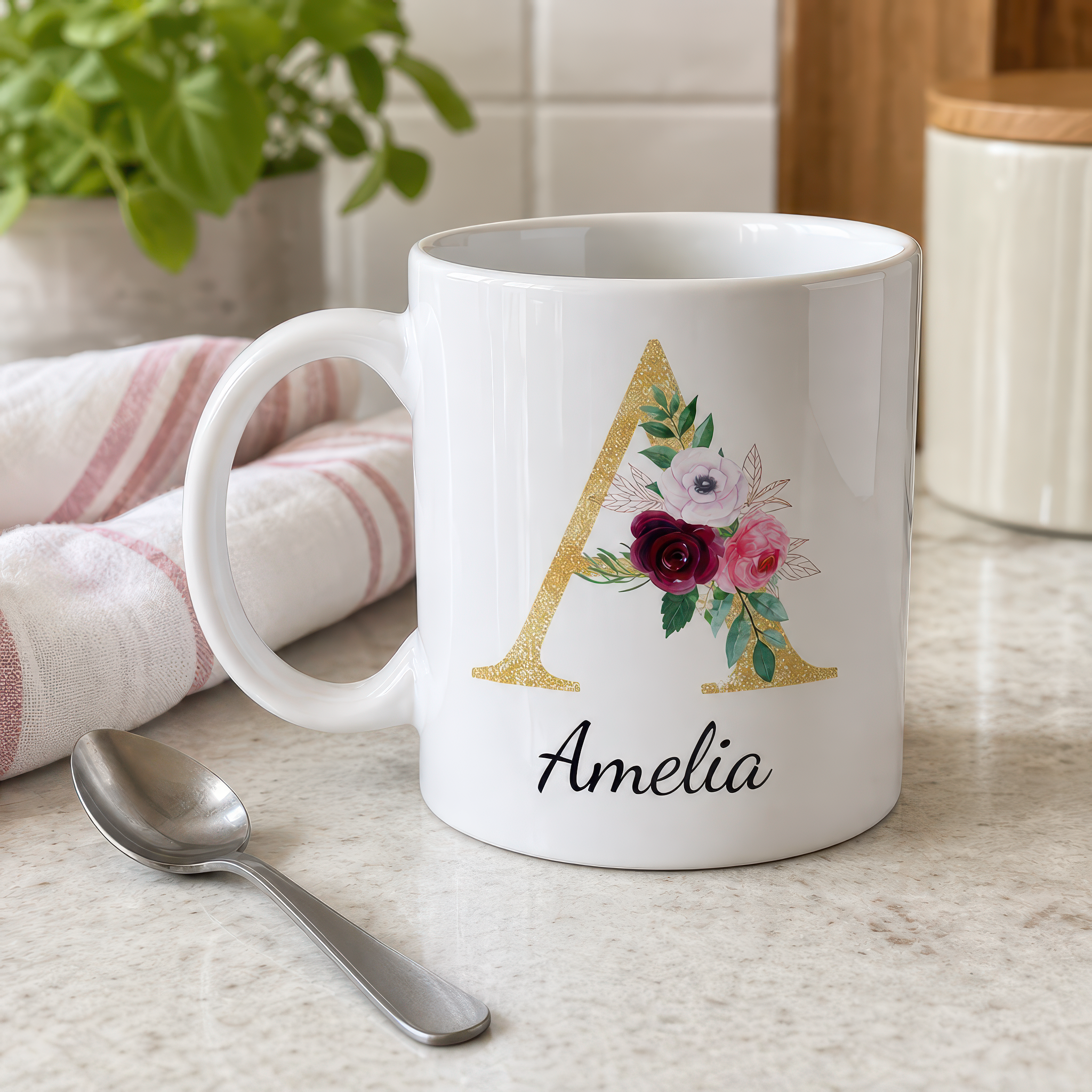 Personalised Gold Floral Initial and Name Mug - alternative view