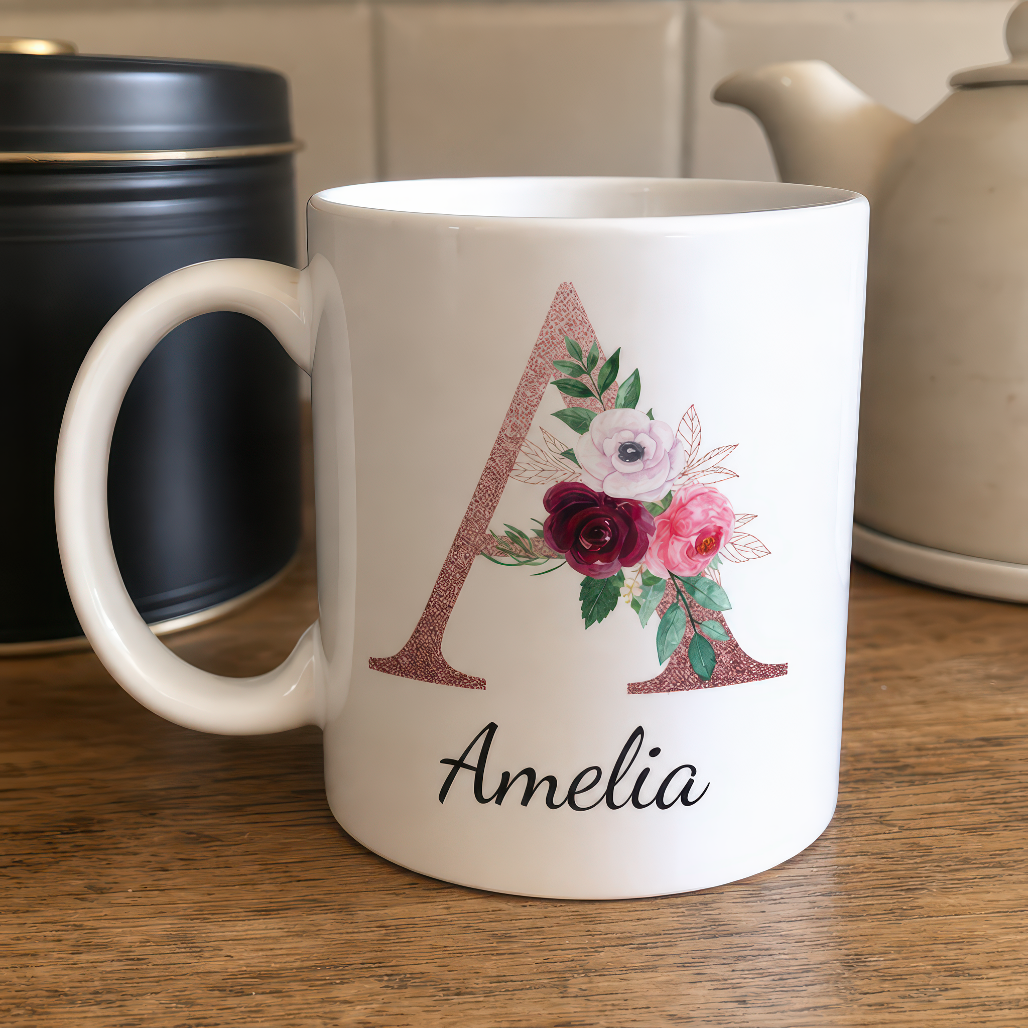 Personalised Rose Gold Floral Initial Mug with Optional Name - alternative view