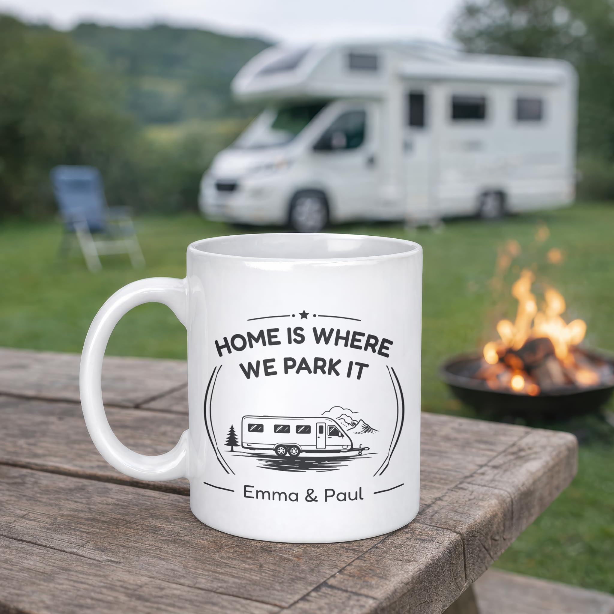 Personalised Twin Axle Grey Home Is Where We Park It Ceramic Mug with Name