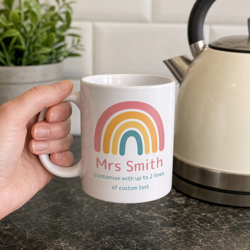 Personalised Blue Yellow Rainbow Teacher Mug with Name and Message