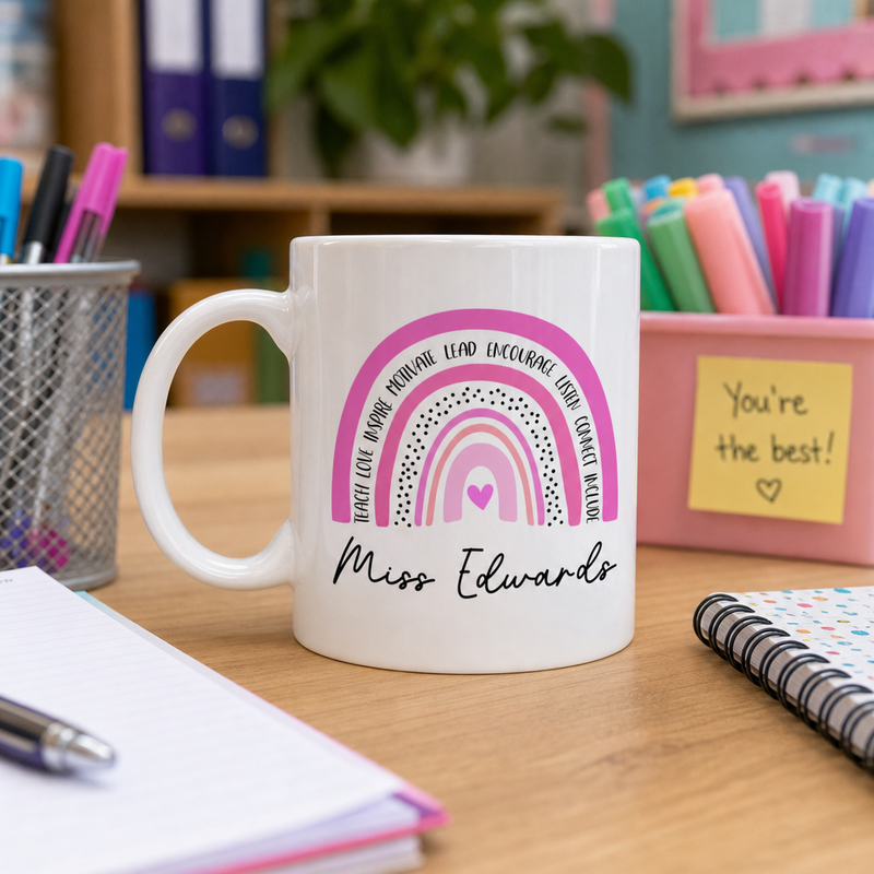 Personalised Pink Rainbow Teacher Mug with Name