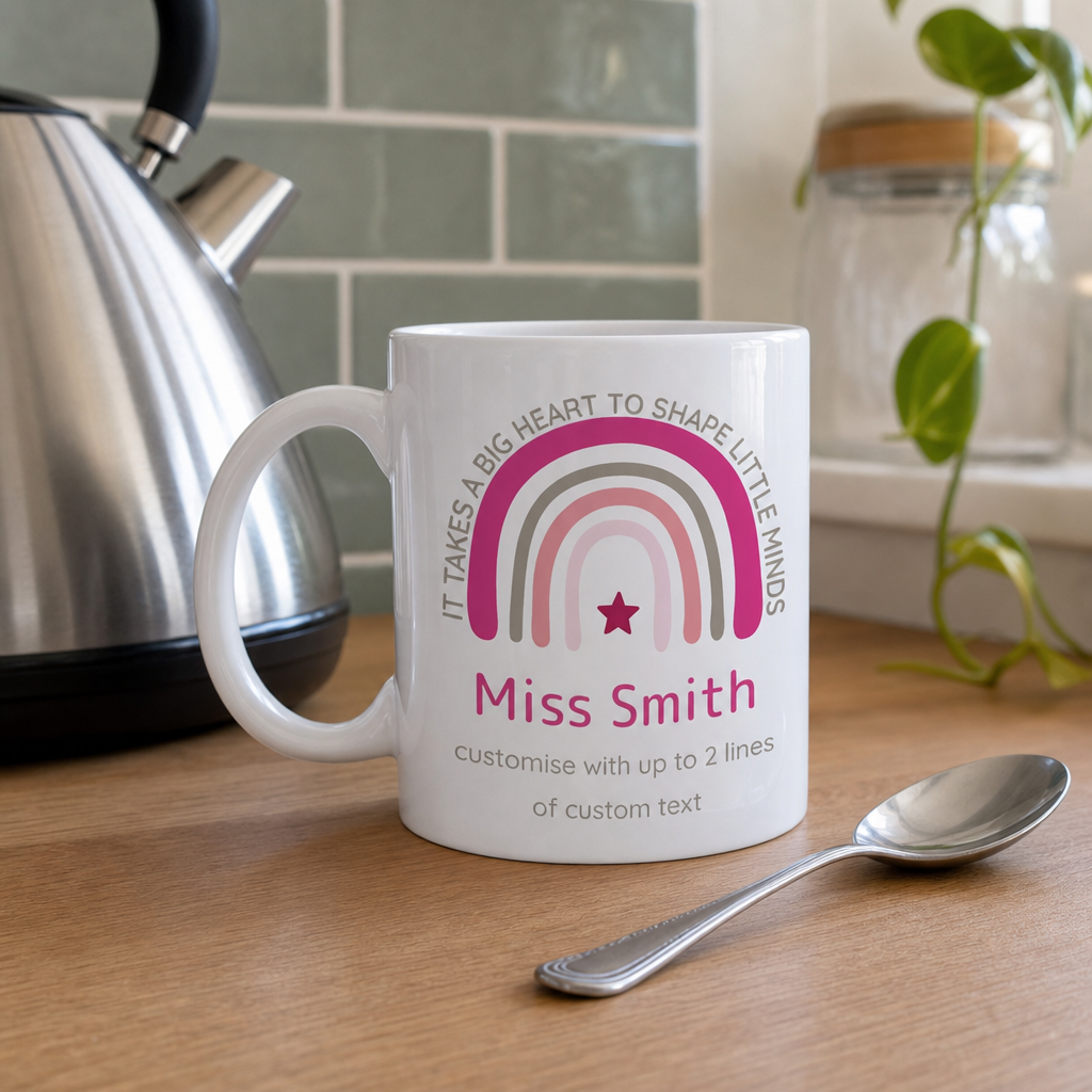 Personalised Rose Pink Rainbow Teacher Mug with Name and Message