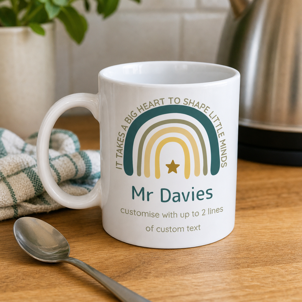 Personalised Teal & Yellow Rainbow Teacher Mug with Name and Message
