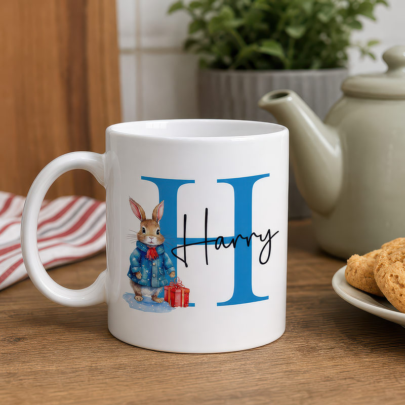 Personalised Blue Bunny Initial Christmas Mug with Name - alternative view