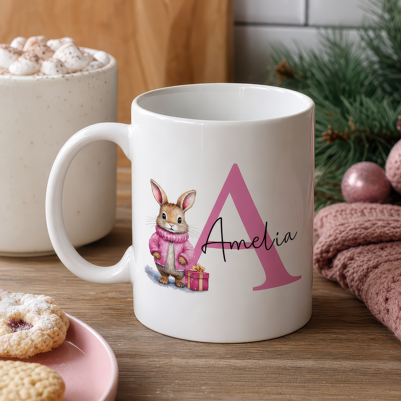 Personalised Pink Bunny Christmas Mug with Initial and Name - alternative view