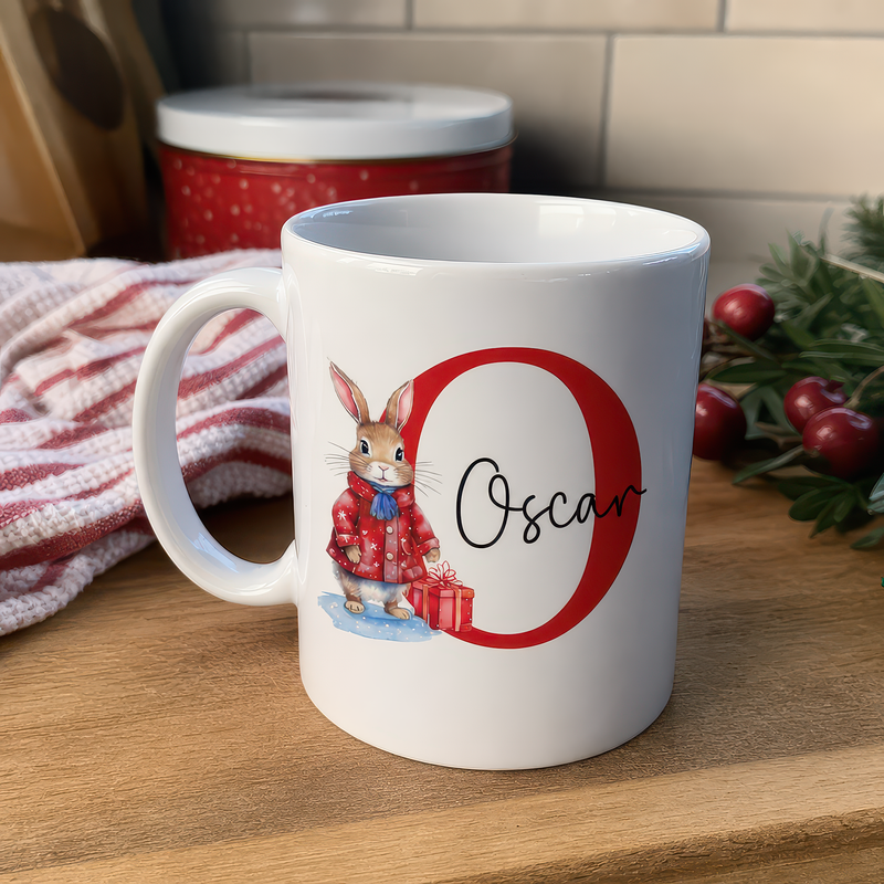 Personalised Red Bunny Initial Christmas Mug with Name - alternative view