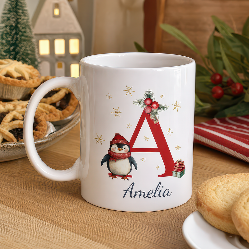 Personalised Red Penguin Initial Christmas Mug with Name - alternative view