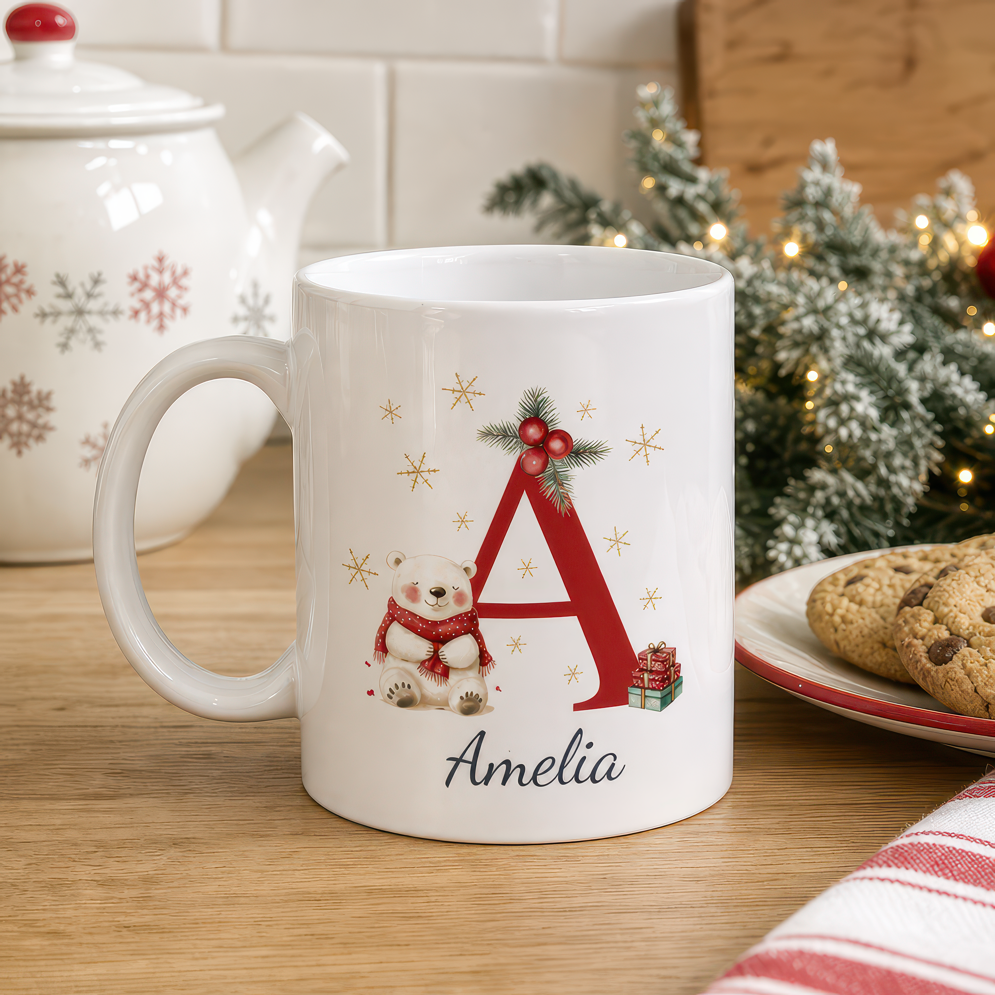 Personalised Polar Bear Initial Christmas Mug with Name - alternative view