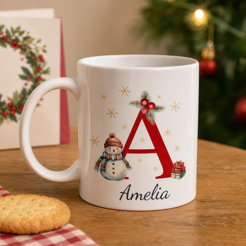 Personalised Red Snowman Initial Christmas Mug with Name - alternative view