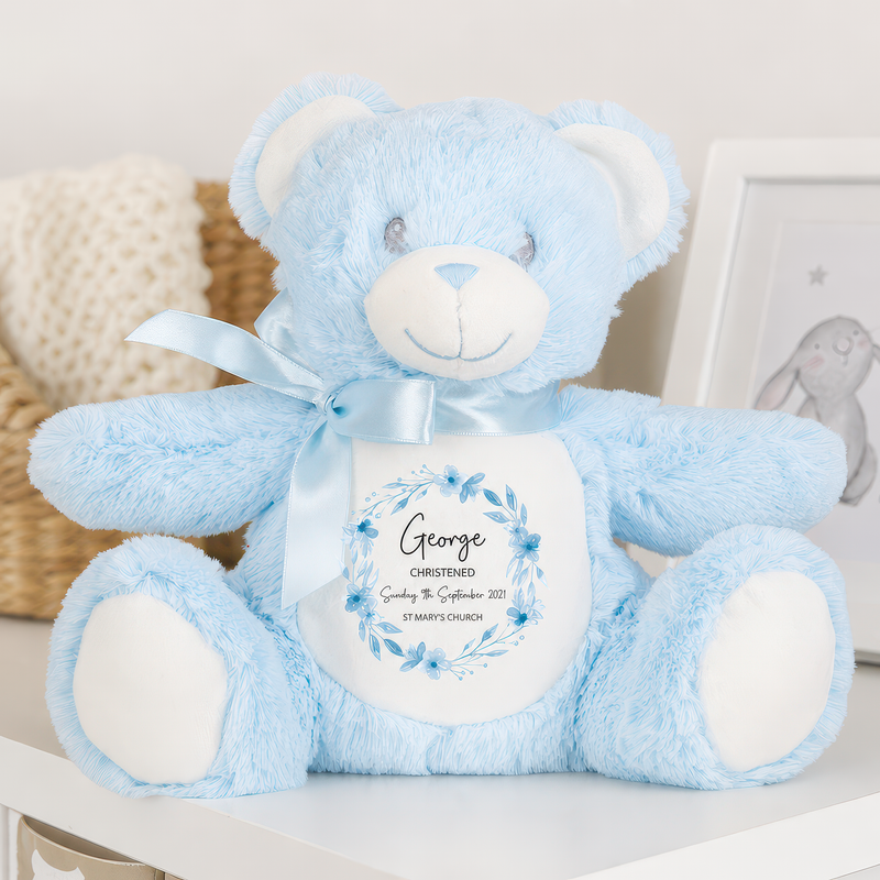 Personalised Blue Teddy Bear Floral Christening Soft Toy - alternative view