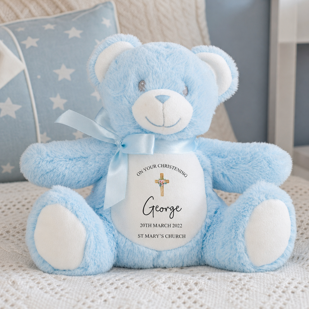 Personalised Blue Teddy Bear Cross Christening Soft Toy with Name and Date