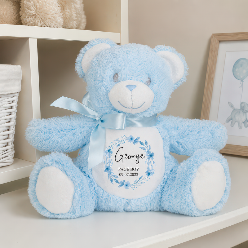 Personalised Blue Teddy Bear Soft Toy for Page Boy with Name and Date - alternative view