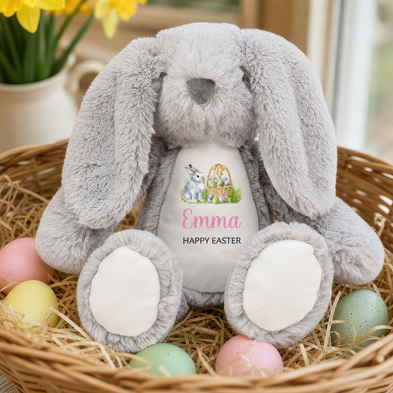 Personalised Happy Easter Bunny Soft Toy with Name - Pink Script - alternative view