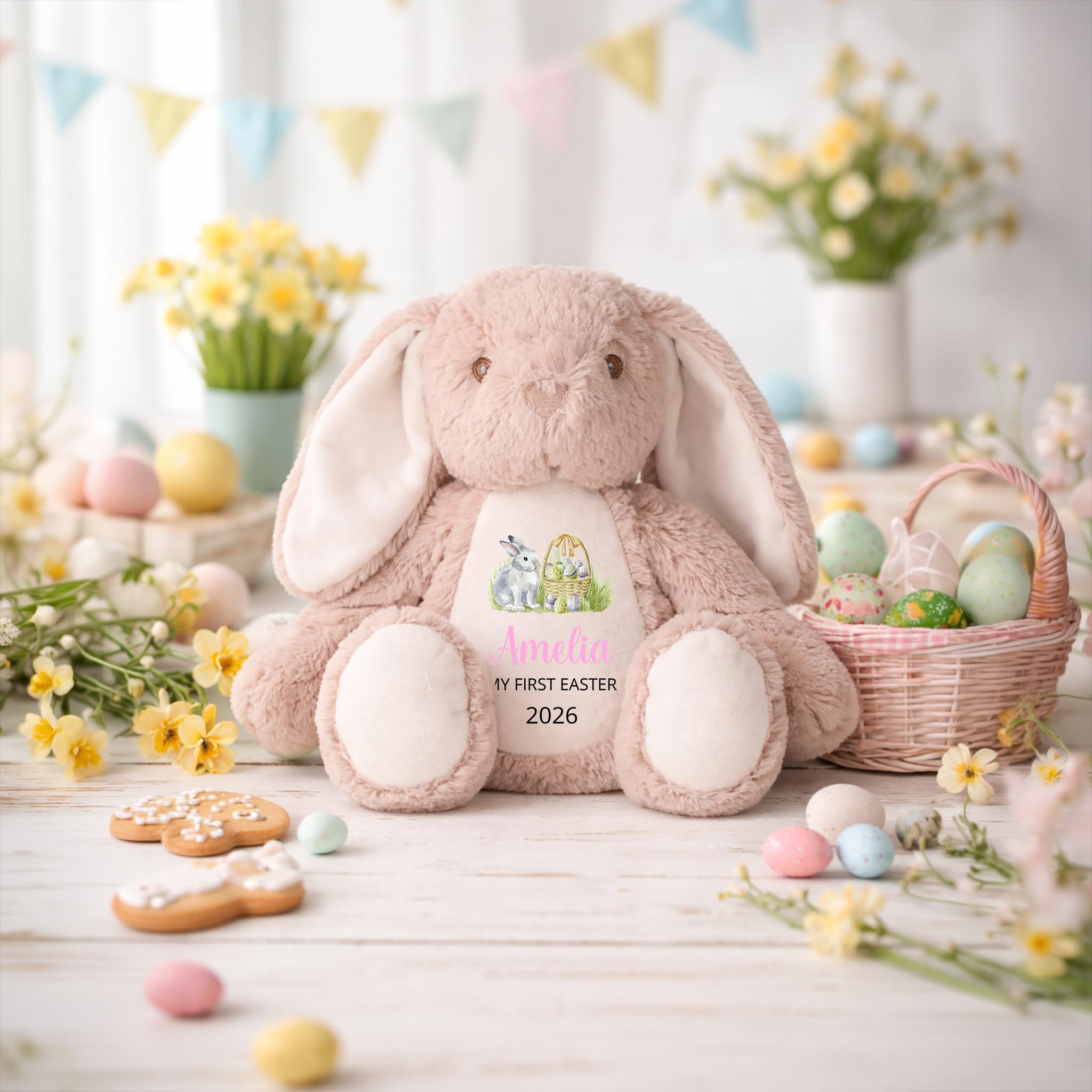 Personalised Beige Bunny First Easter Soft Toy with Name and Year - Pink Script