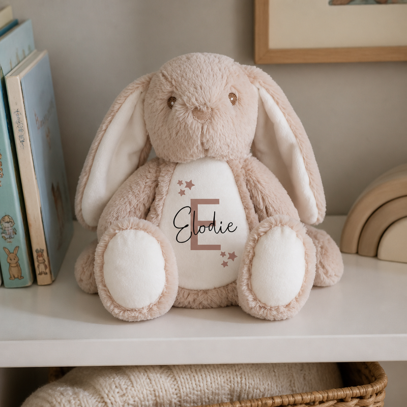 Personalised Beige Bunny Soft Toy with Name and Initial - Star Design