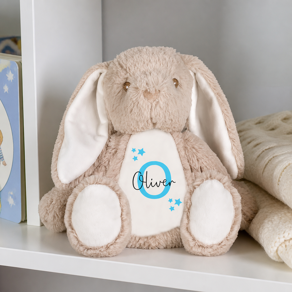 Personalised Brown Bunny Soft Toy with Name and Initial - Blue Stars