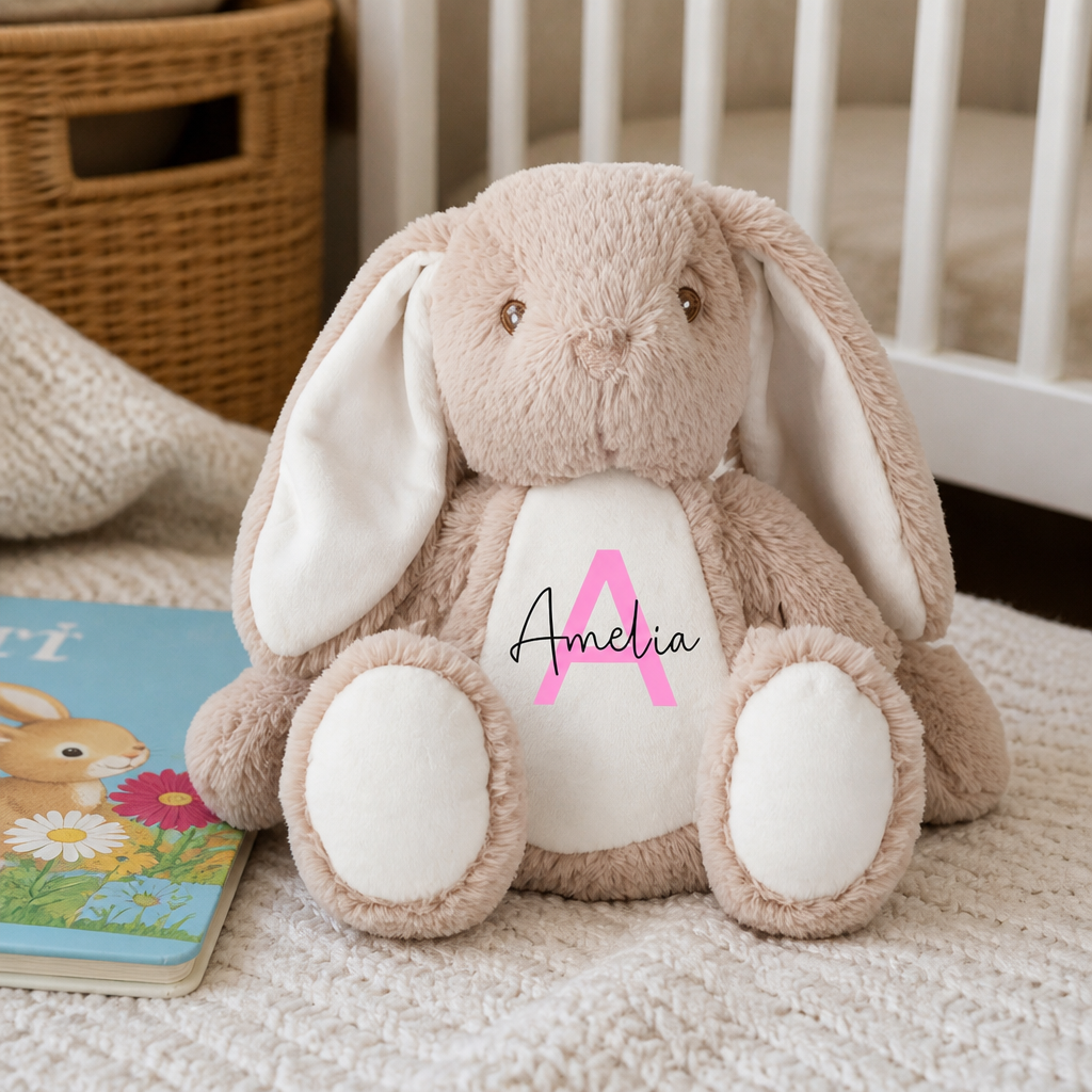 Personalised Brown Bunny Soft Toy with Script Name and Initial