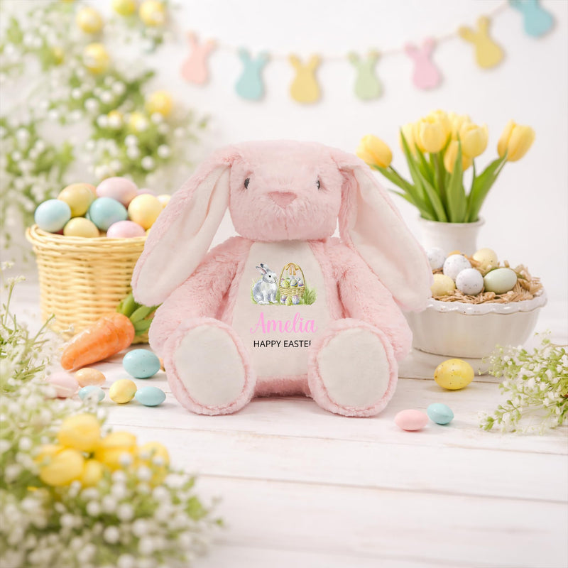 Personalised Happy Easter Pink Bunny Soft Toy with Name - Pink Script
