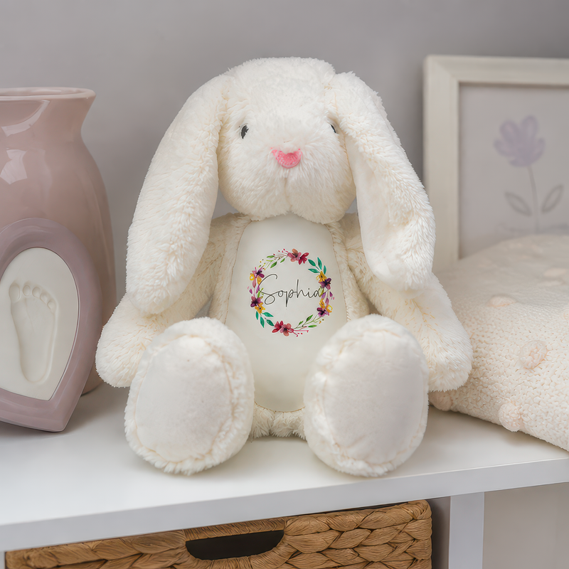 Personalised White Bunny Soft Toy with Name - Floral Wreath - alternative view