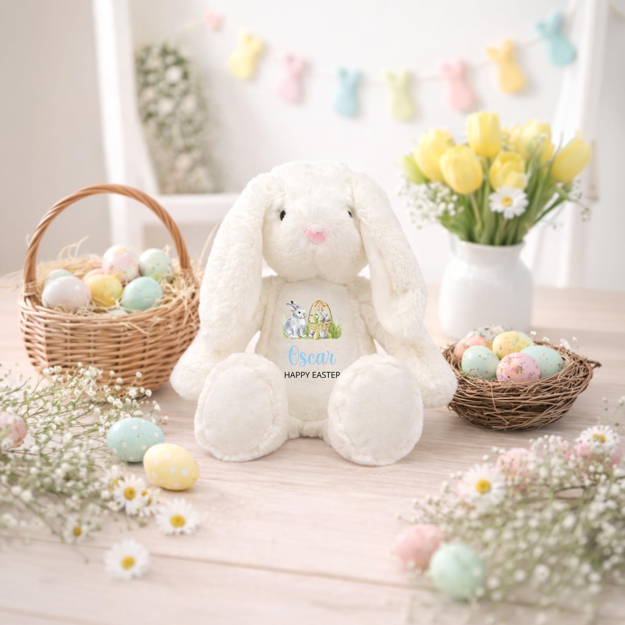 Personalised Easter White Bunny Soft Toy with Name - Blue Script