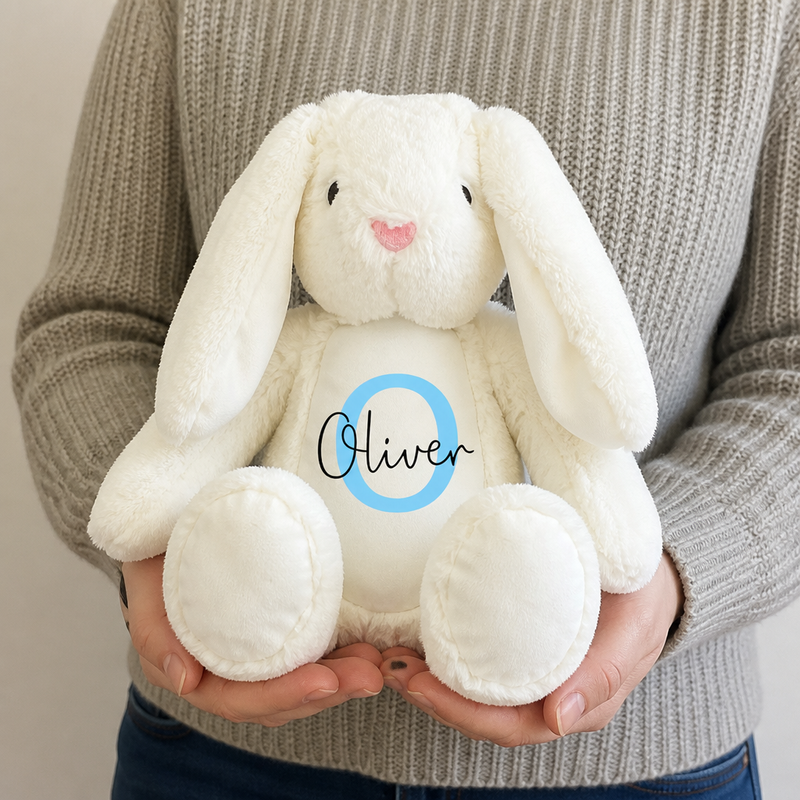 Personalised White Bunny Soft Toy with Name and Initial