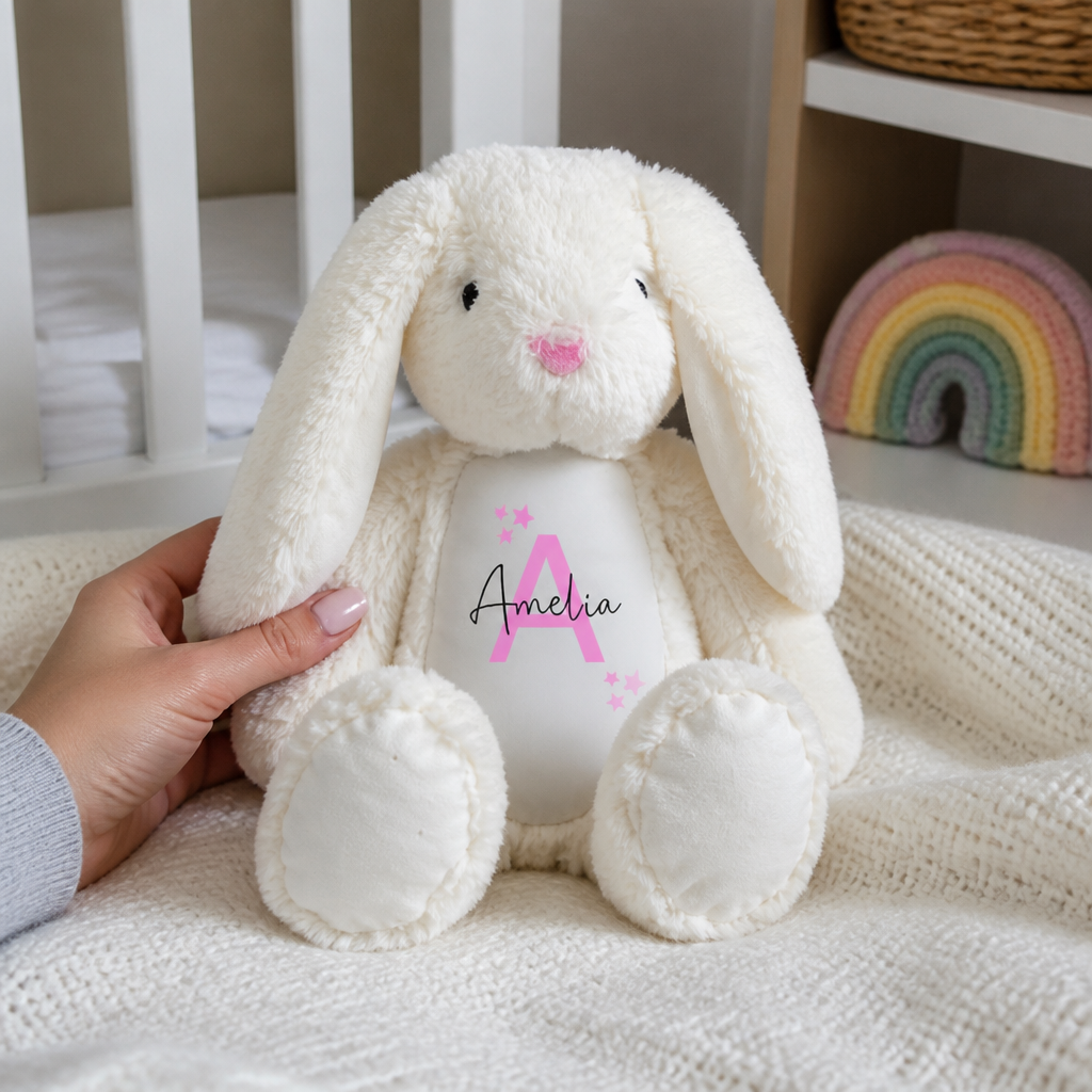 Personalised White Bunny Soft Toy with Name and Initial - Star Accents