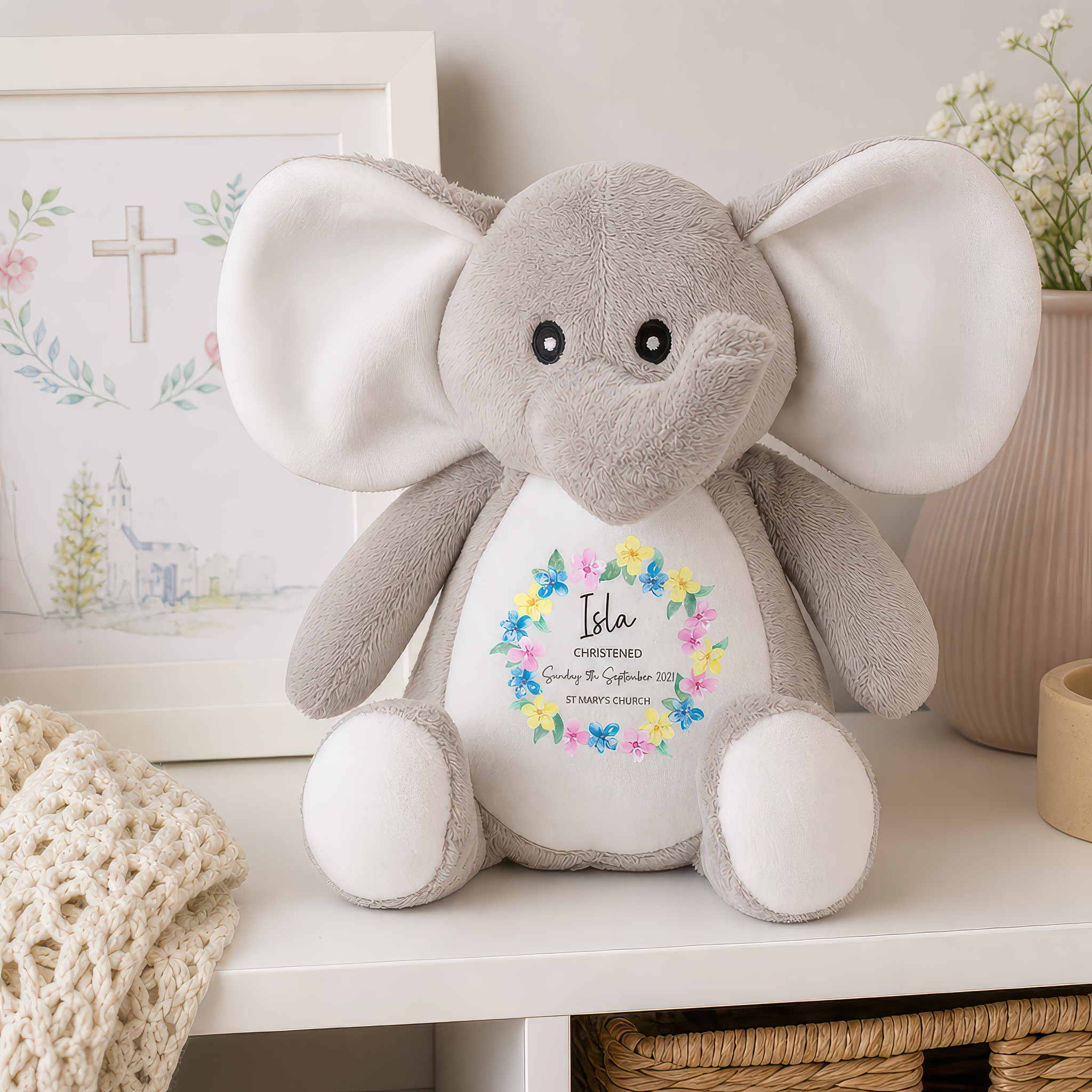 Personalised Blue Elephant Floral Christening Soft Toy - alternative view