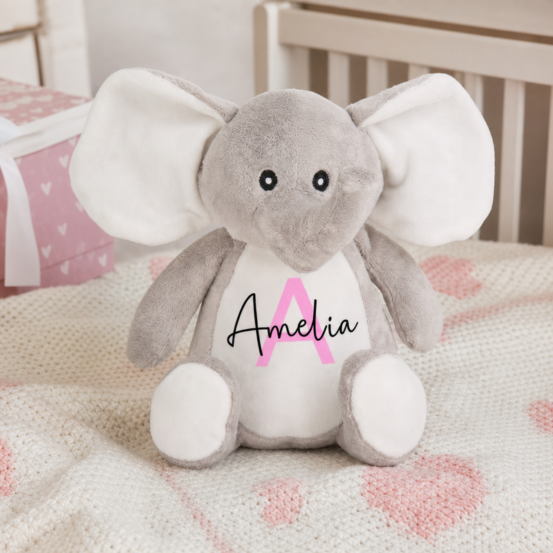 Personalised Elephant Christening Soft Toy with Name and Initial
