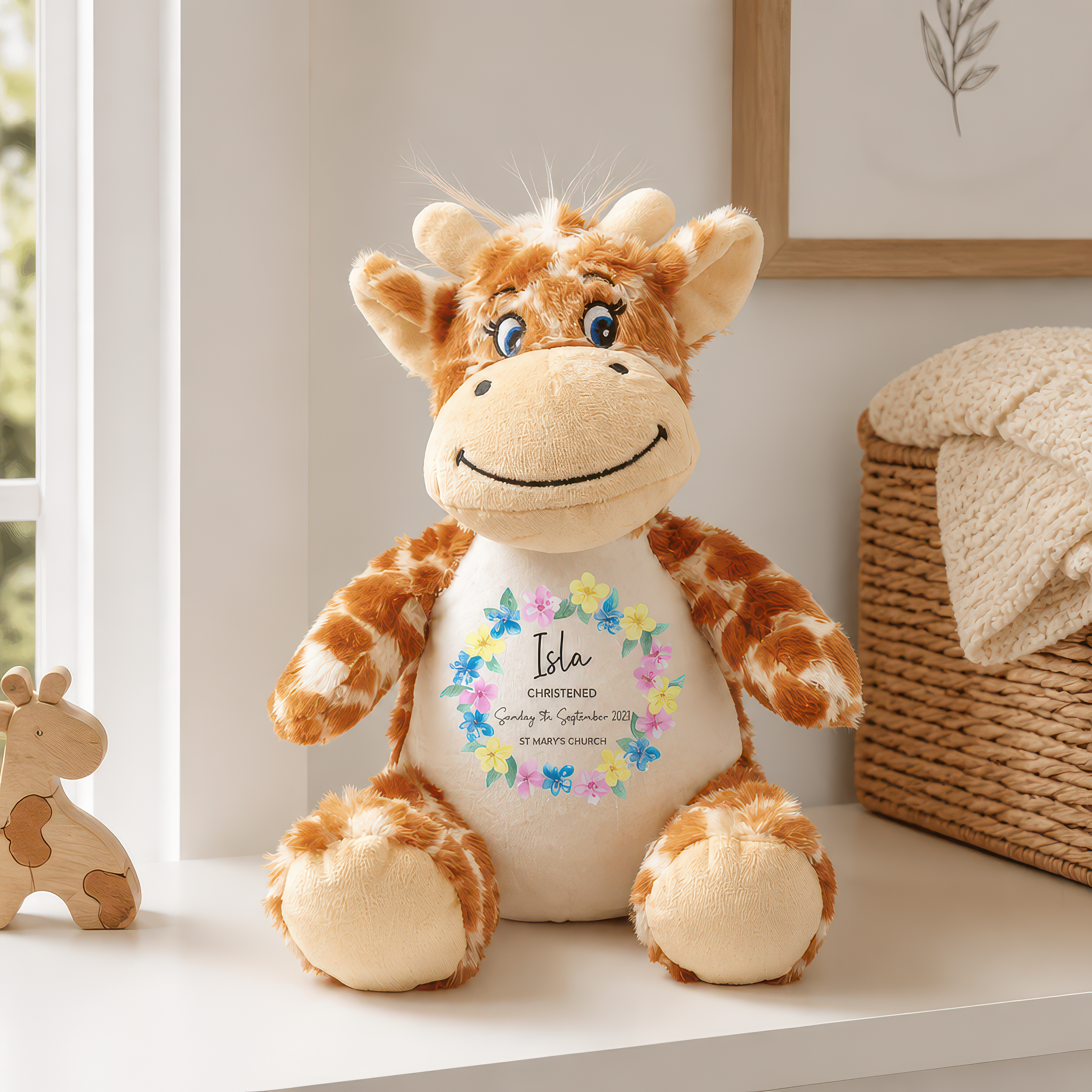Personalised Giraffe Floral Christening Soft Toy with Name