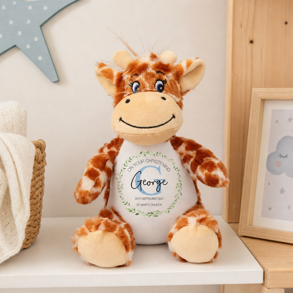 Personalised Blue Giraffe Christening Soft Toy with Initial Design