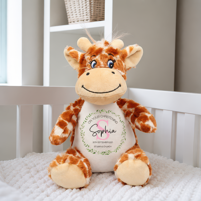 Personalised Pink Giraffe Christening Soft Toy with Initial Design