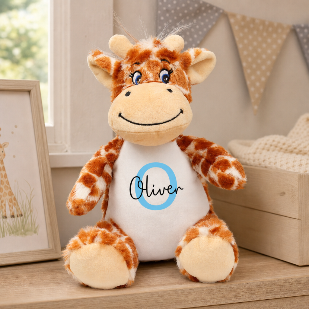 Personalised Giraffe Christening Soft Toy with Name and Initial