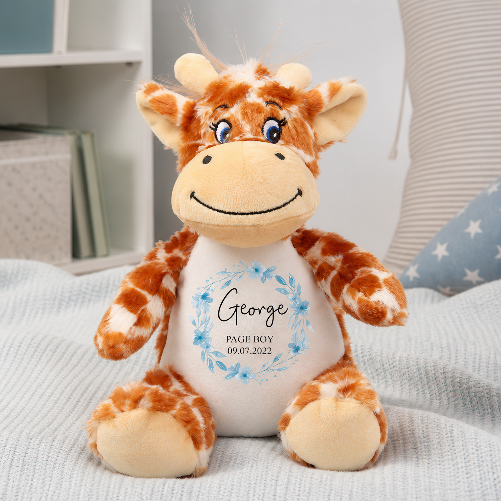 Personalised Giraffe Soft Toy for Page Boy with Name and Date