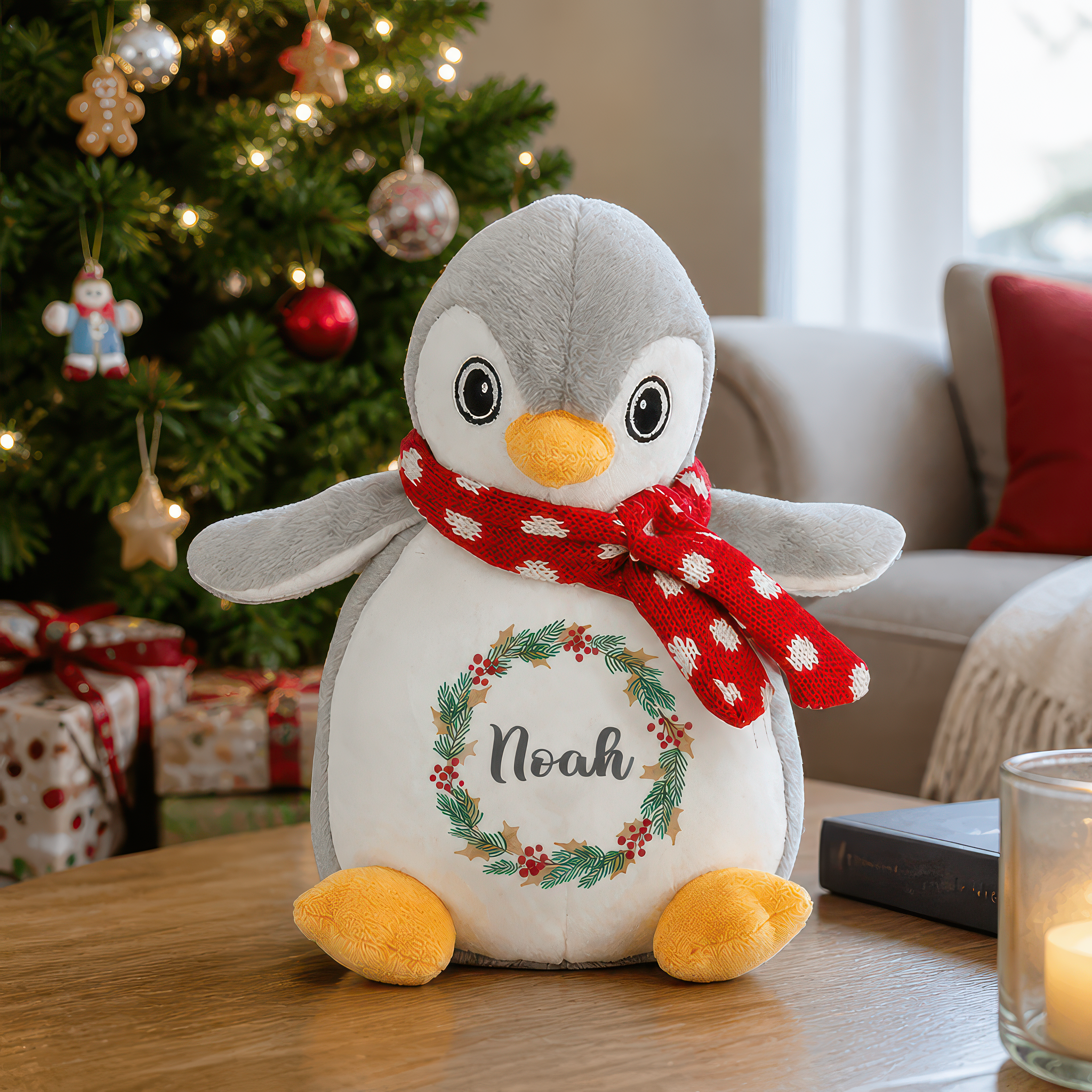 Personalised 1st Christmas Penguin Soft Toy with Wreath