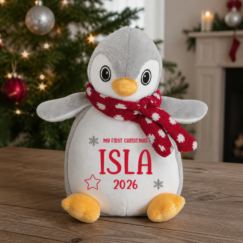 Personalised 1st Christmas Red Penguin Soft Toy with Name