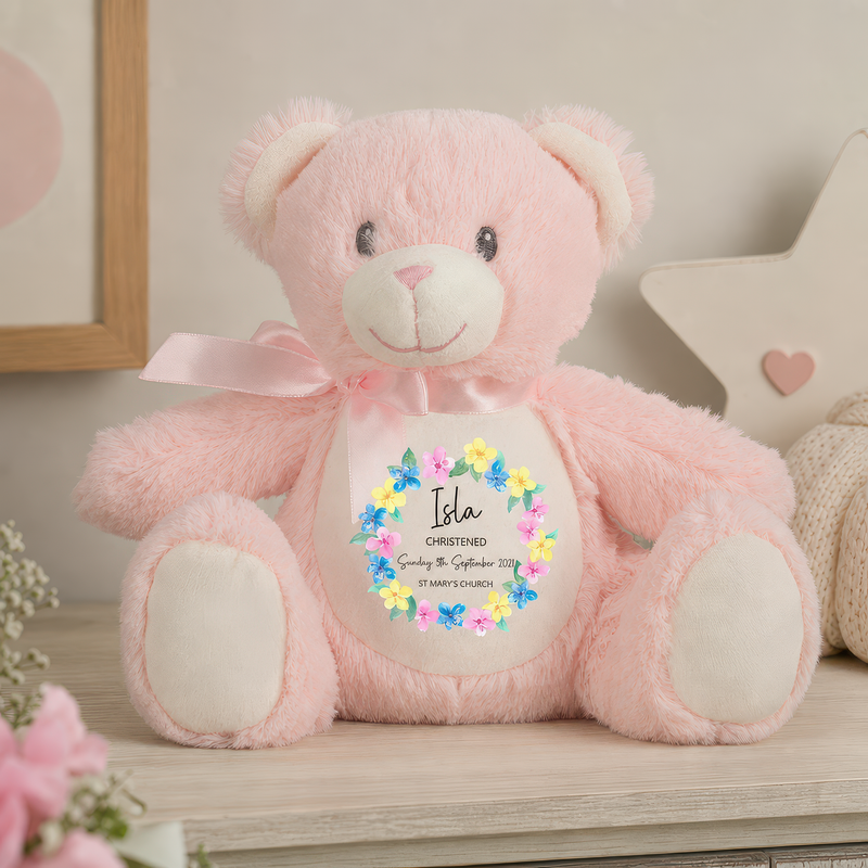 Personalised Pink Teddy Bear Floral Christening Soft Toy - alternative view