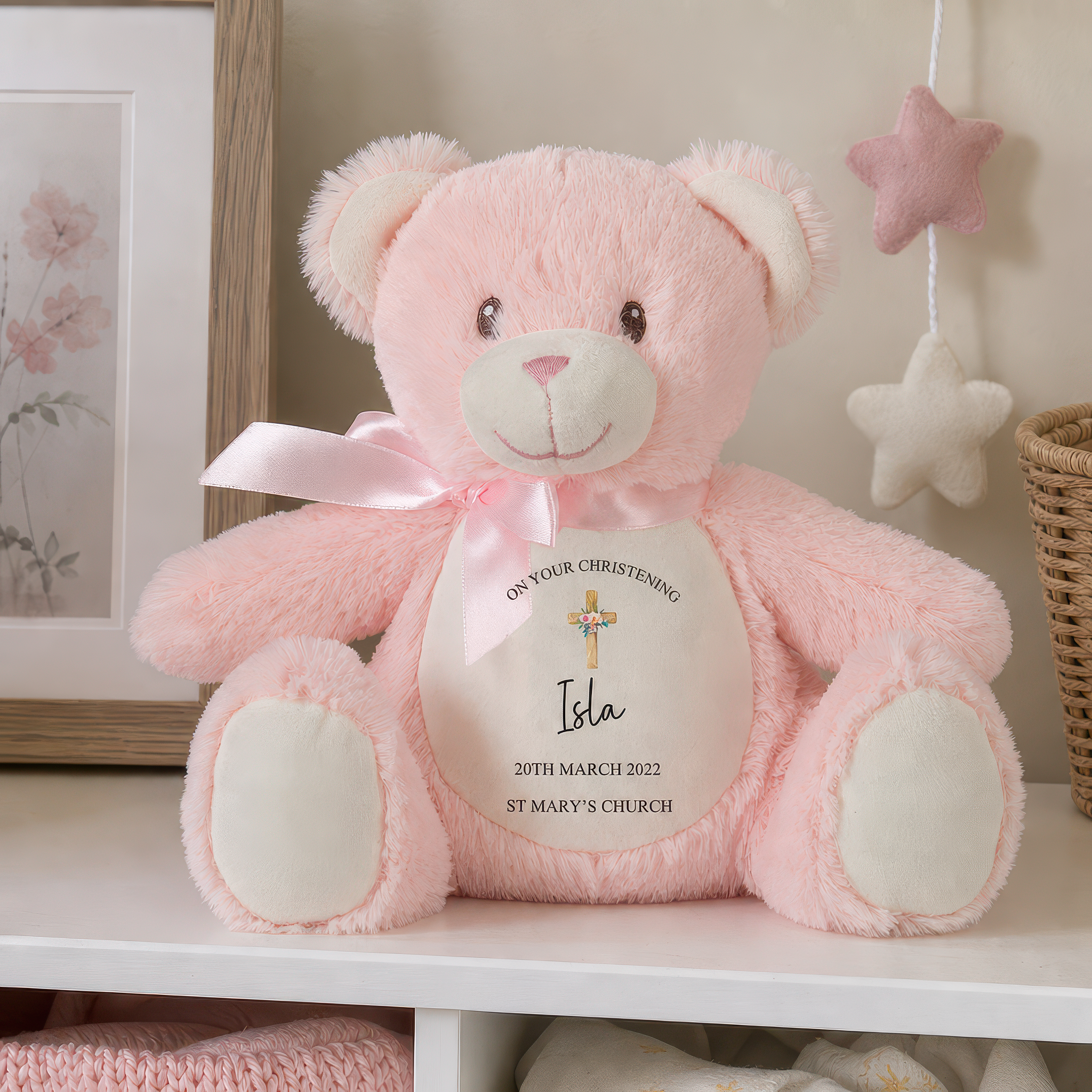 Personalised Pink Teddy Bear Cross Christening Soft Toy with Name and Date - alternative view
