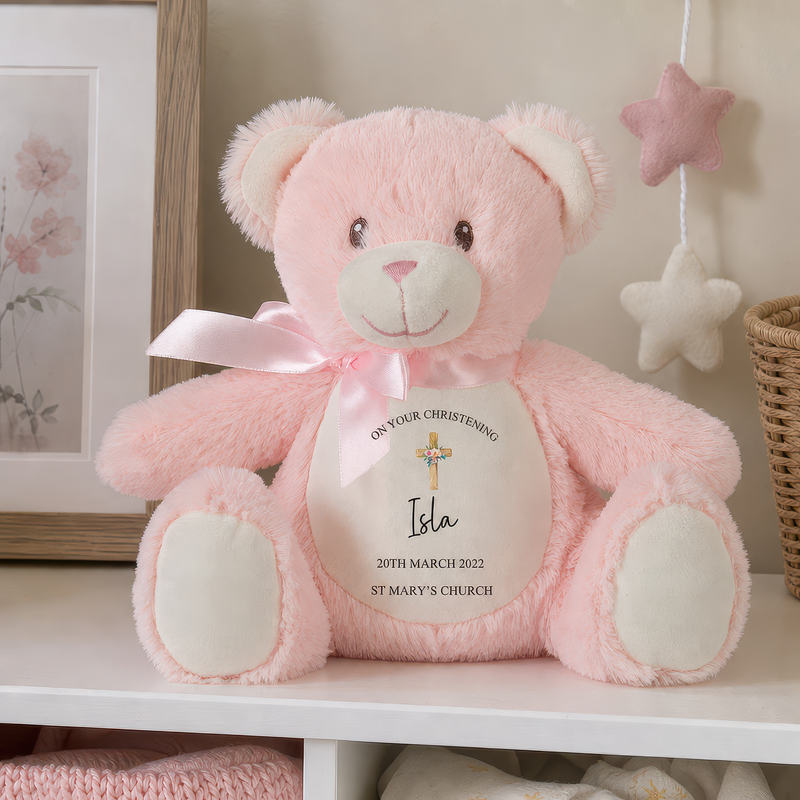 Personalised Pink Teddy Bear Cross Christening Soft Toy with Name and Date - alternative view