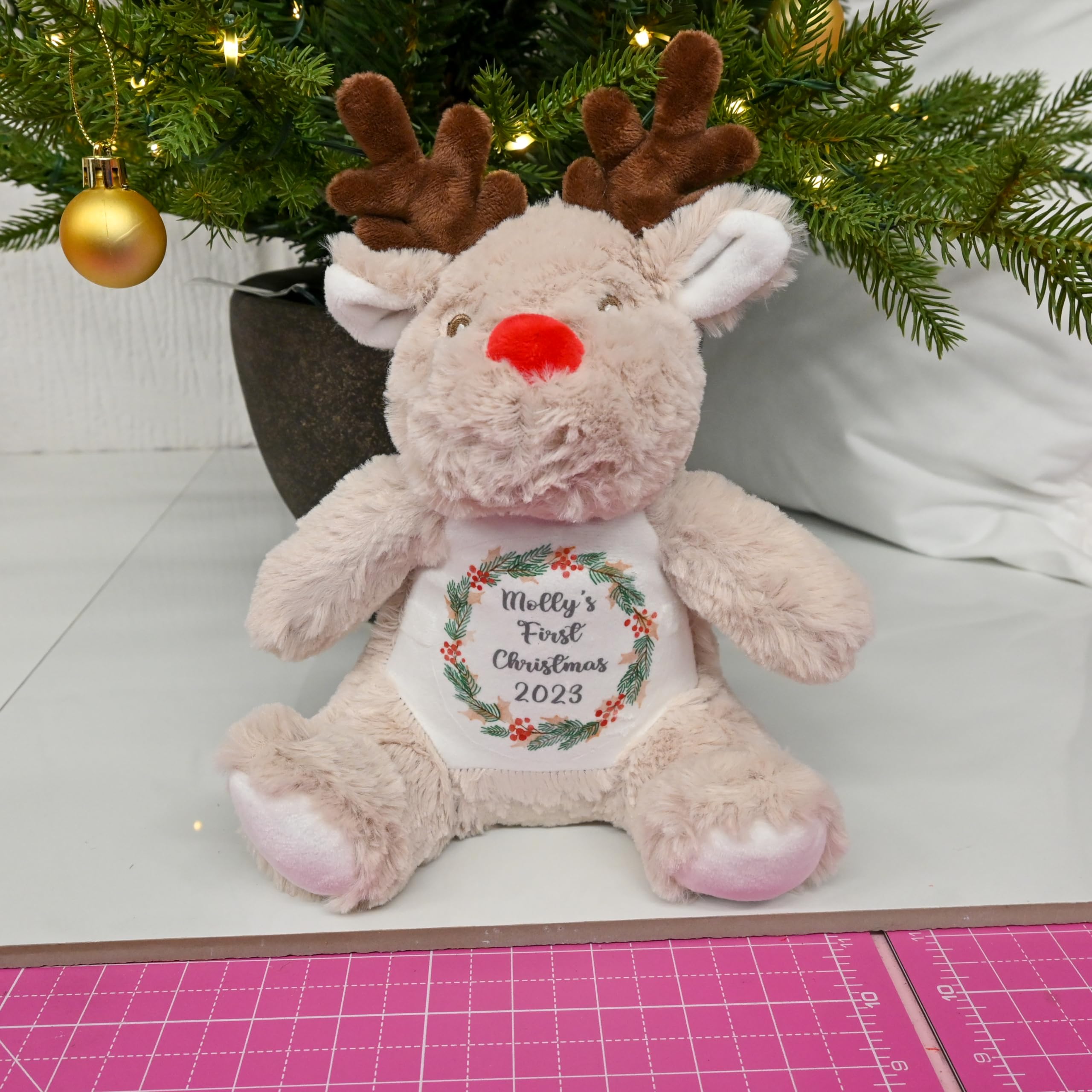 Personalised 1st Christmas Reindeer Soft Toy with Wreath