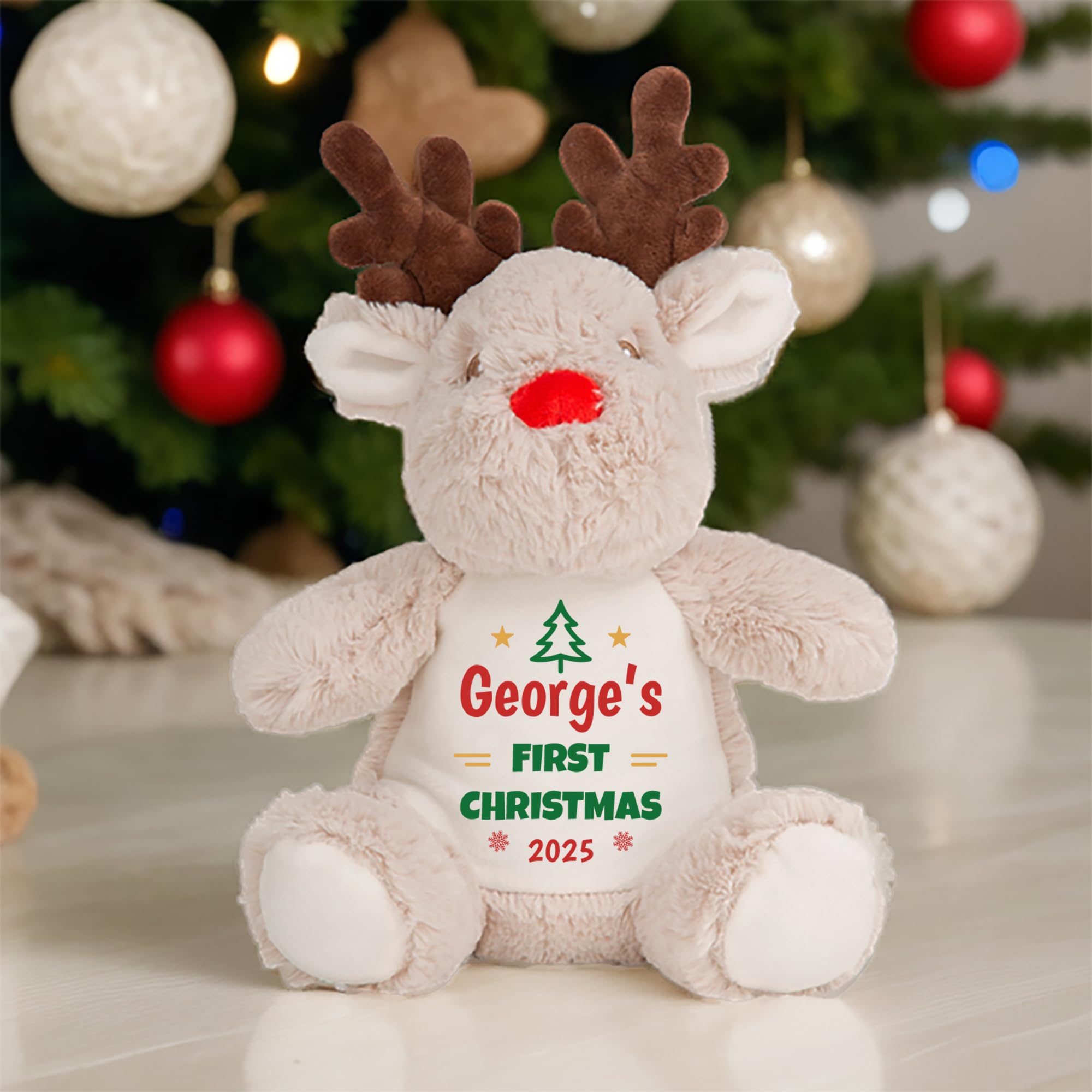 Personalised 1st Christmas Tree and Stars Reindeer Soft Toy
