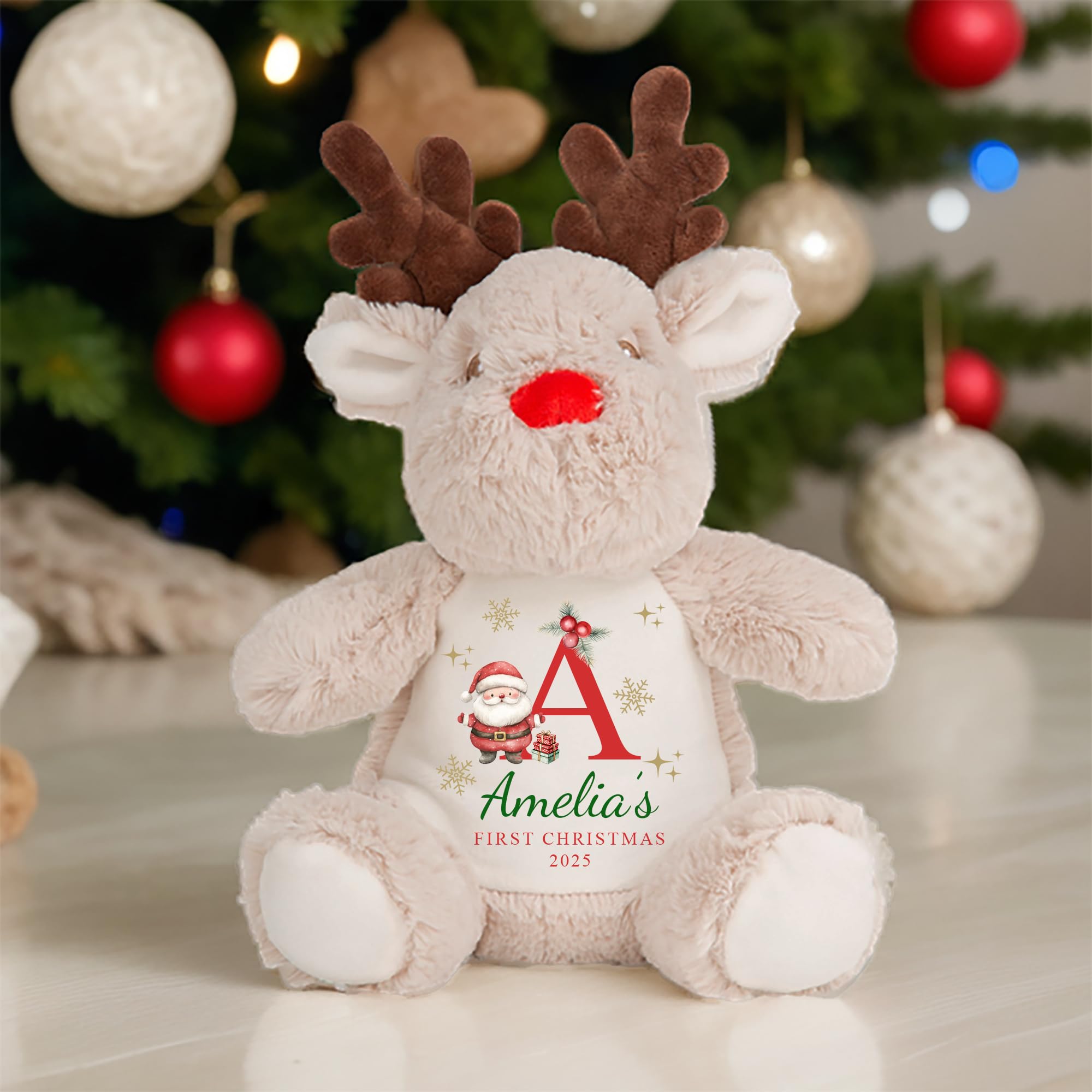 Personalised First Christmas Reindeer Santa Soft Toy with Name, Year and Initial
