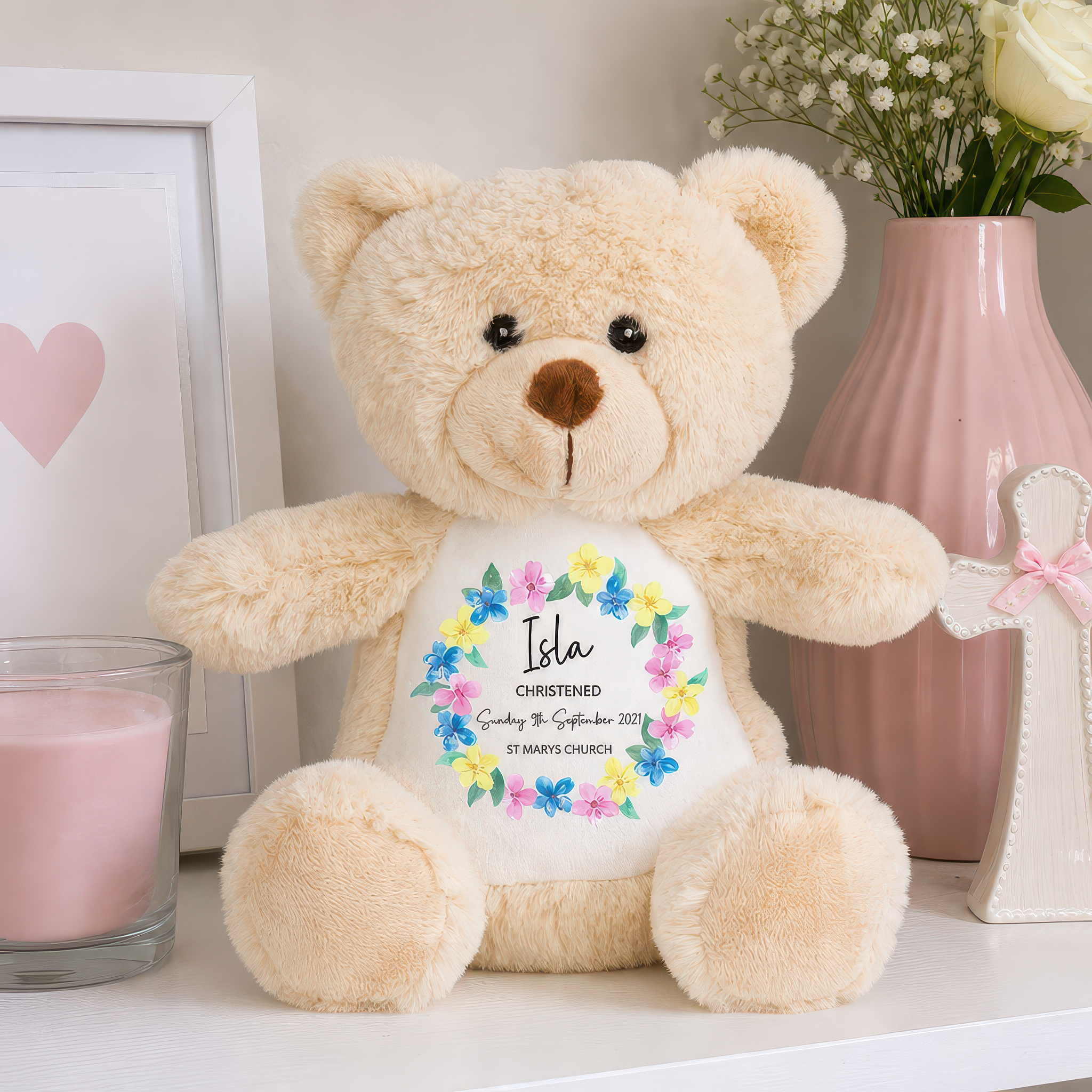 Personalised Teddy Bear Floral Christening Soft Toy with Name - alternative view