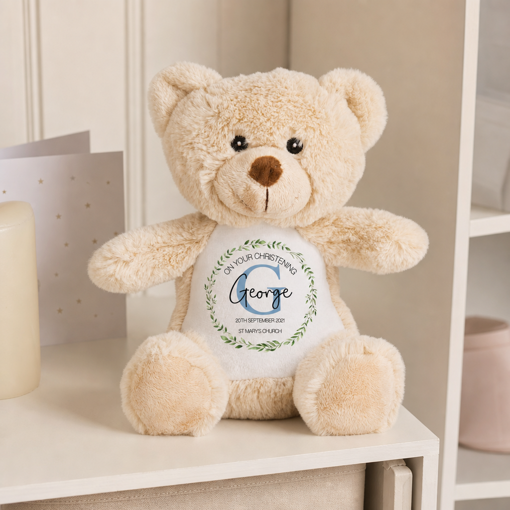 Personalised Teddy Bear Christening Soft Toy with Initial Design