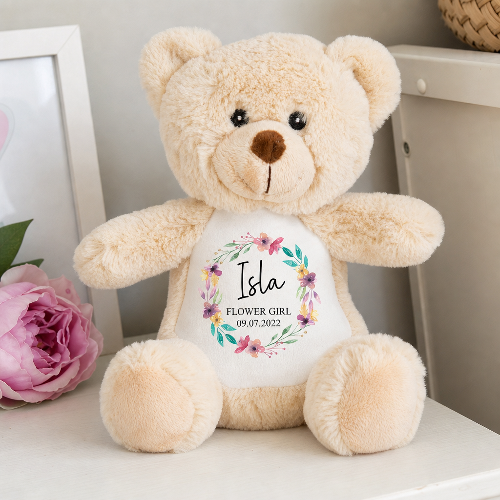 Personalised Brown Teddy Bear Soft Toy for Flower Girl with Name