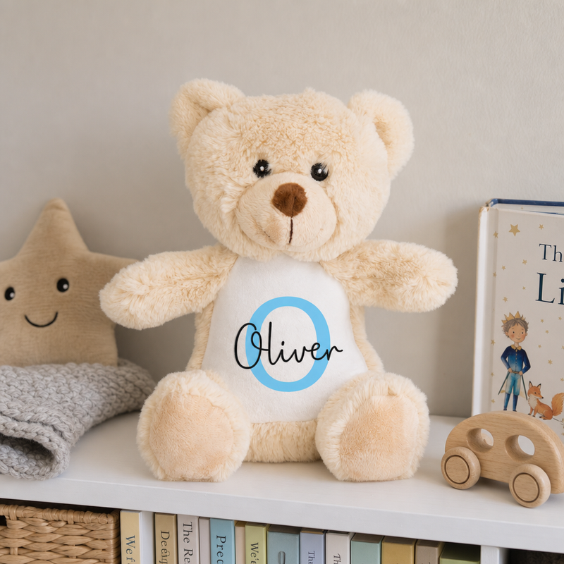 Personalised Brown Teddy Bear Christening Soft Toy with Name and Initial