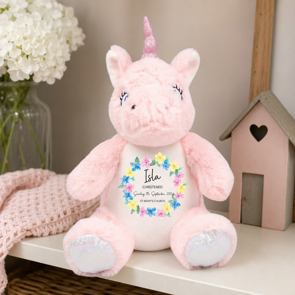 Personalised Unicorn Floral Christening Soft Toy with Name