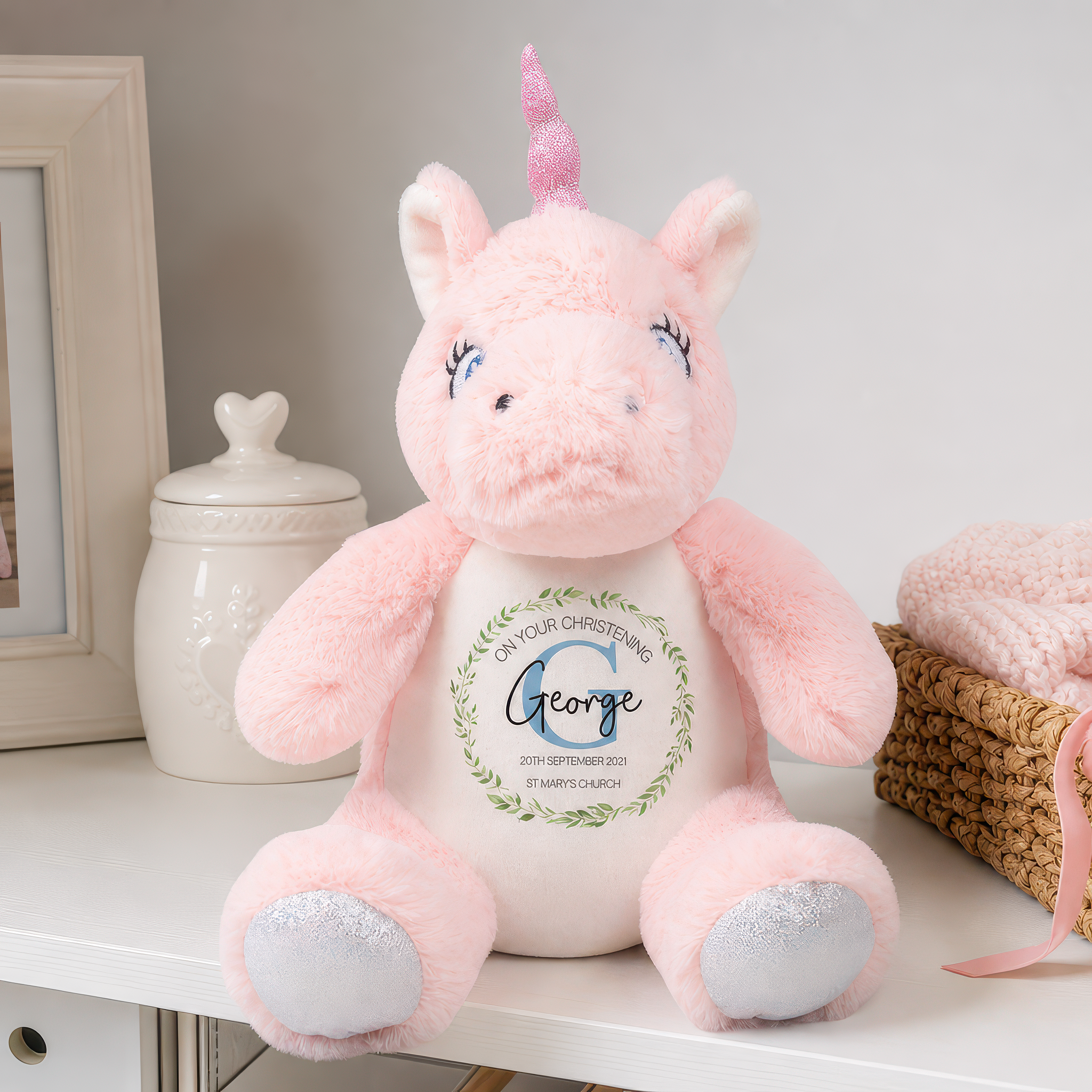 Personalised Blue Unicorn Christening Soft Toy with Initial Design - alternative view