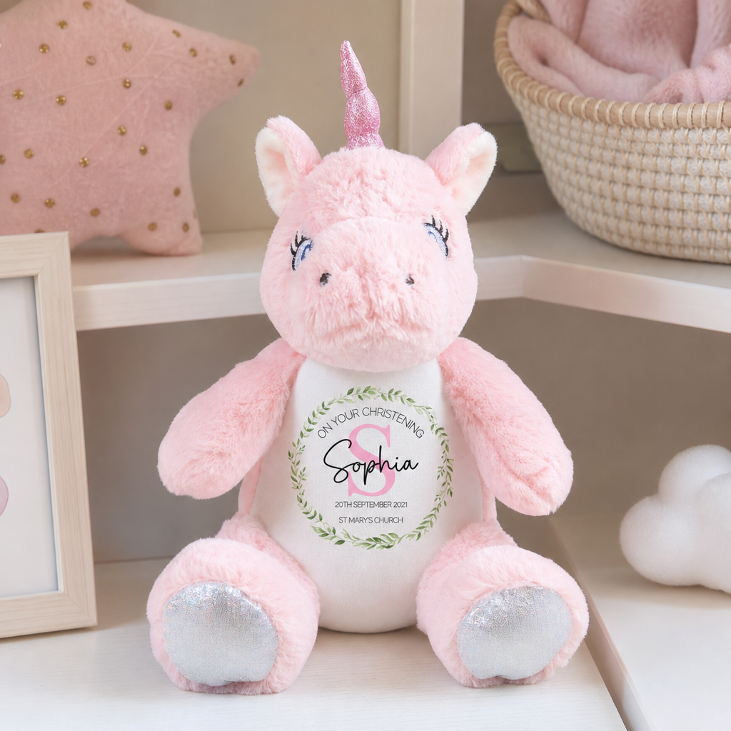 Personalised Pink Unicorn Christening Soft Toy with Name