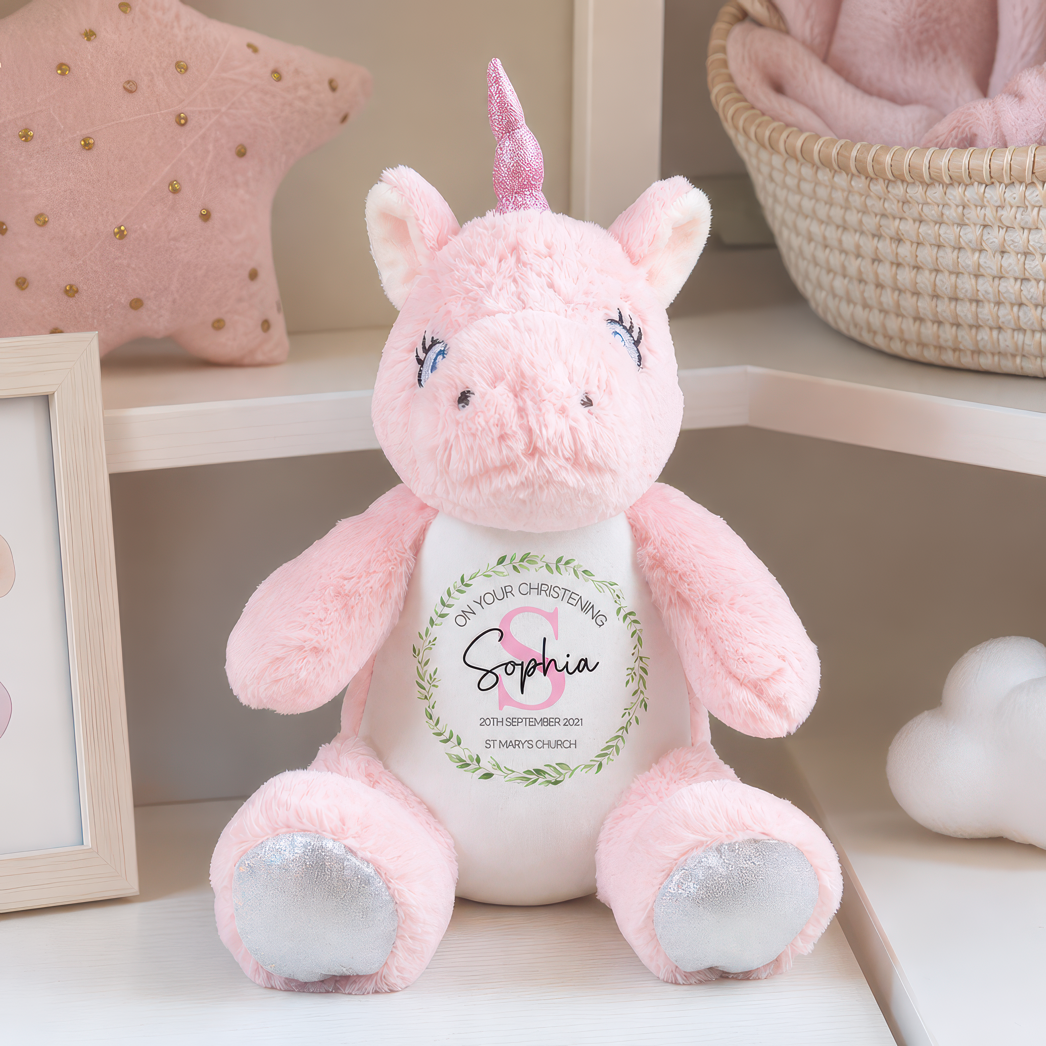 Personalised Pink Unicorn Christening Soft Toy with Name - alternative view